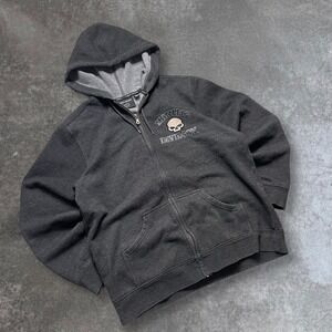 Harley Davidson Skull Zip Up Hoodie Men's Charcoal Gray Fleece Lined Size L